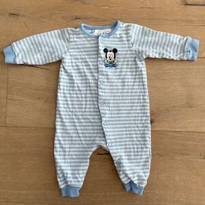 H&M | Disney Mickey Mouse Baby Blue Striped One Piece, 0-3M